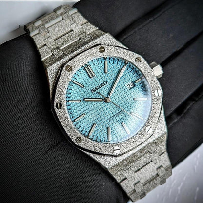 Seiko Royal Oak Style Mod – Frosted Silver with Tiffany Blue Dial