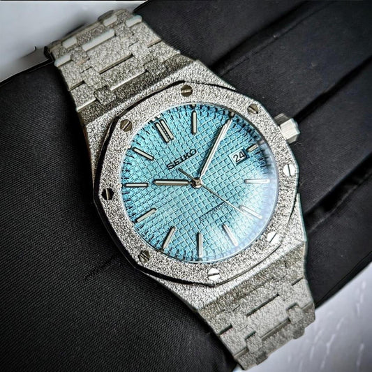 Seiko Royal Oak Style Mod – Frosted Silver with Tiffany Blue Dial